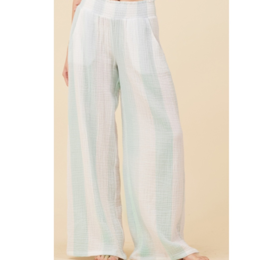 Vintage Havana Mint & White Cabana Stripe Gauze Smocked Waist Pants